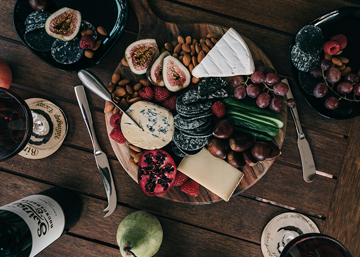 Wine, cheese, and hor d'oevres spread
