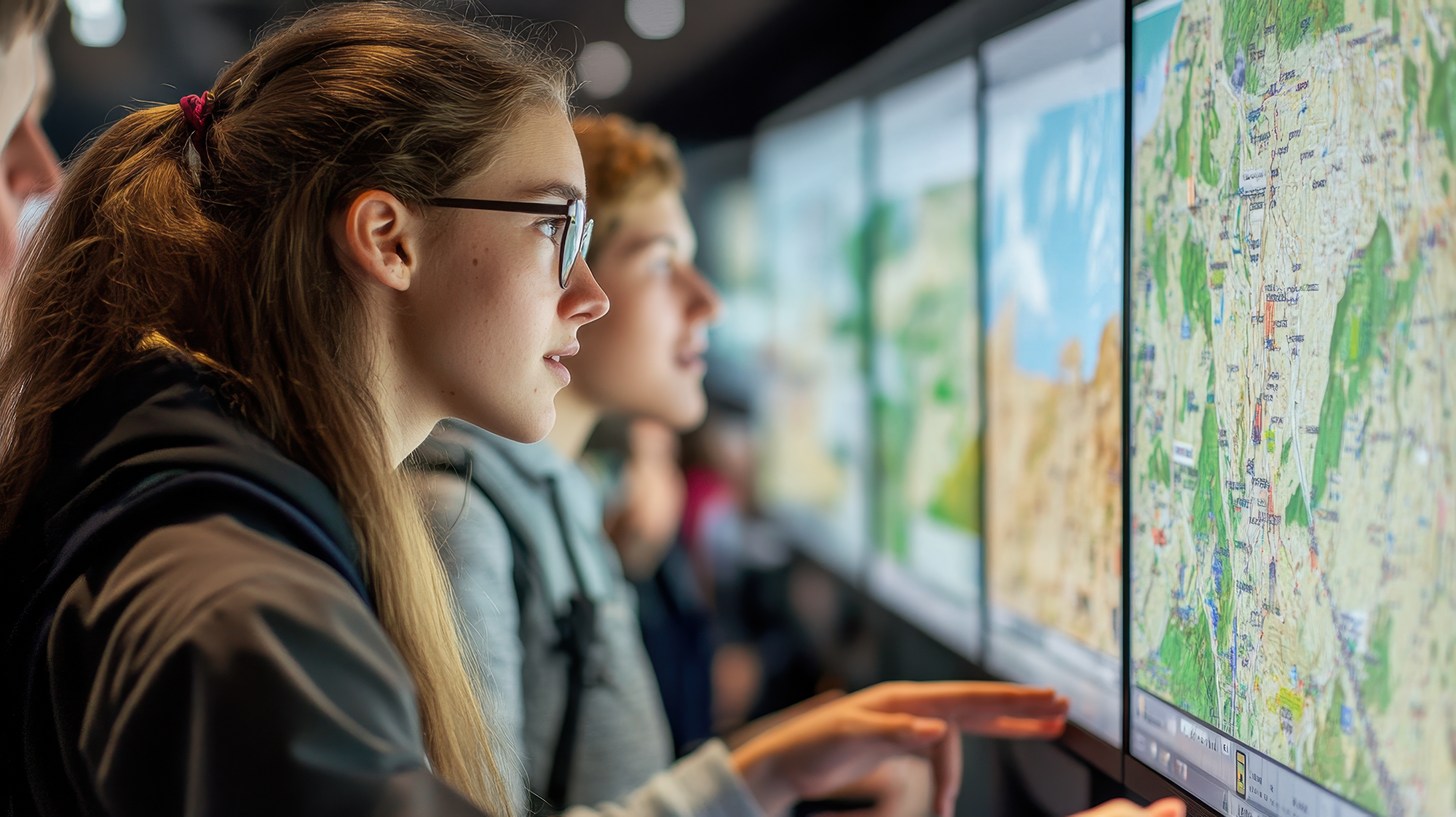 two people looking at a map on a screen