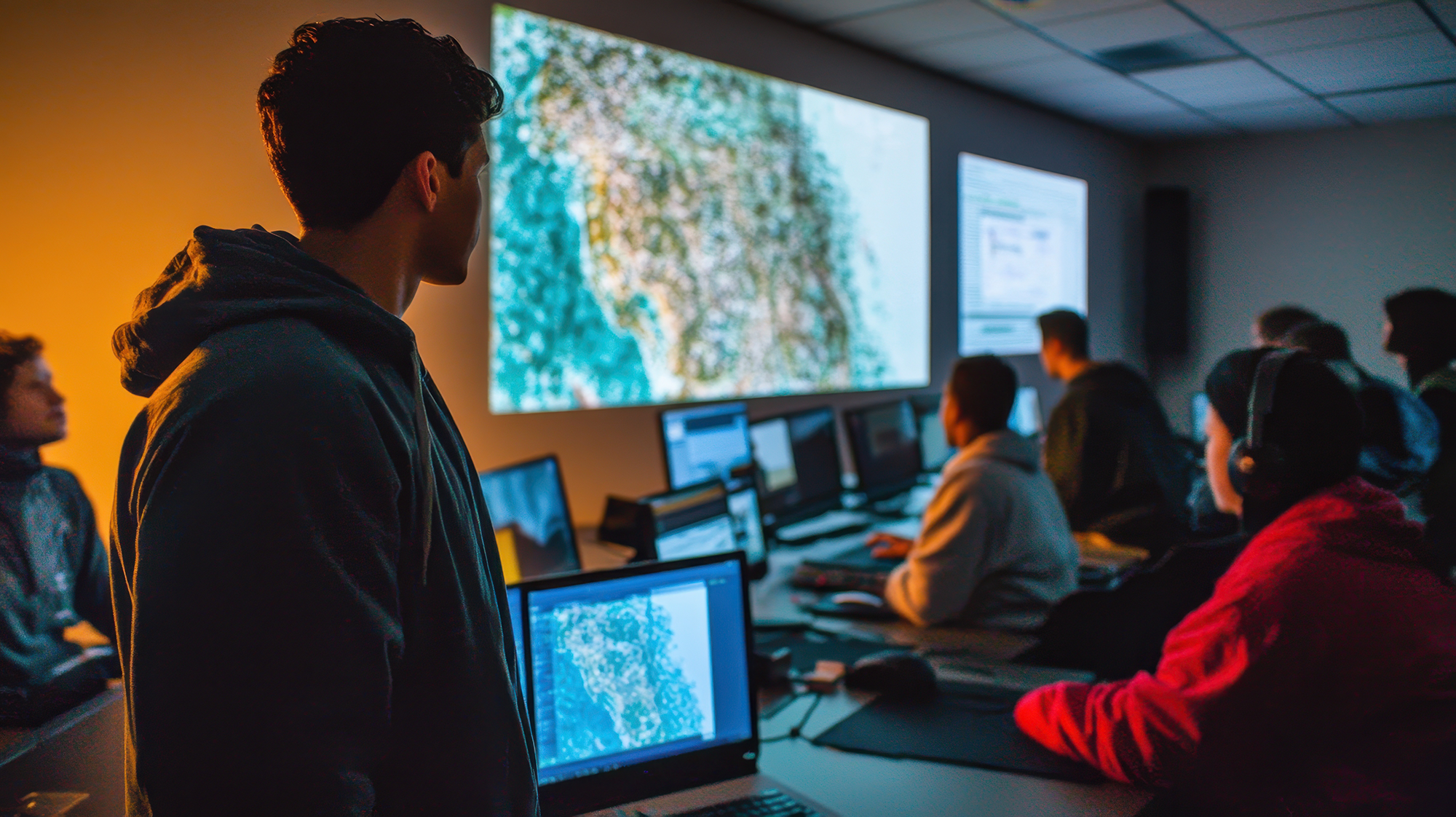 a class of students looking at a map on their individual computers